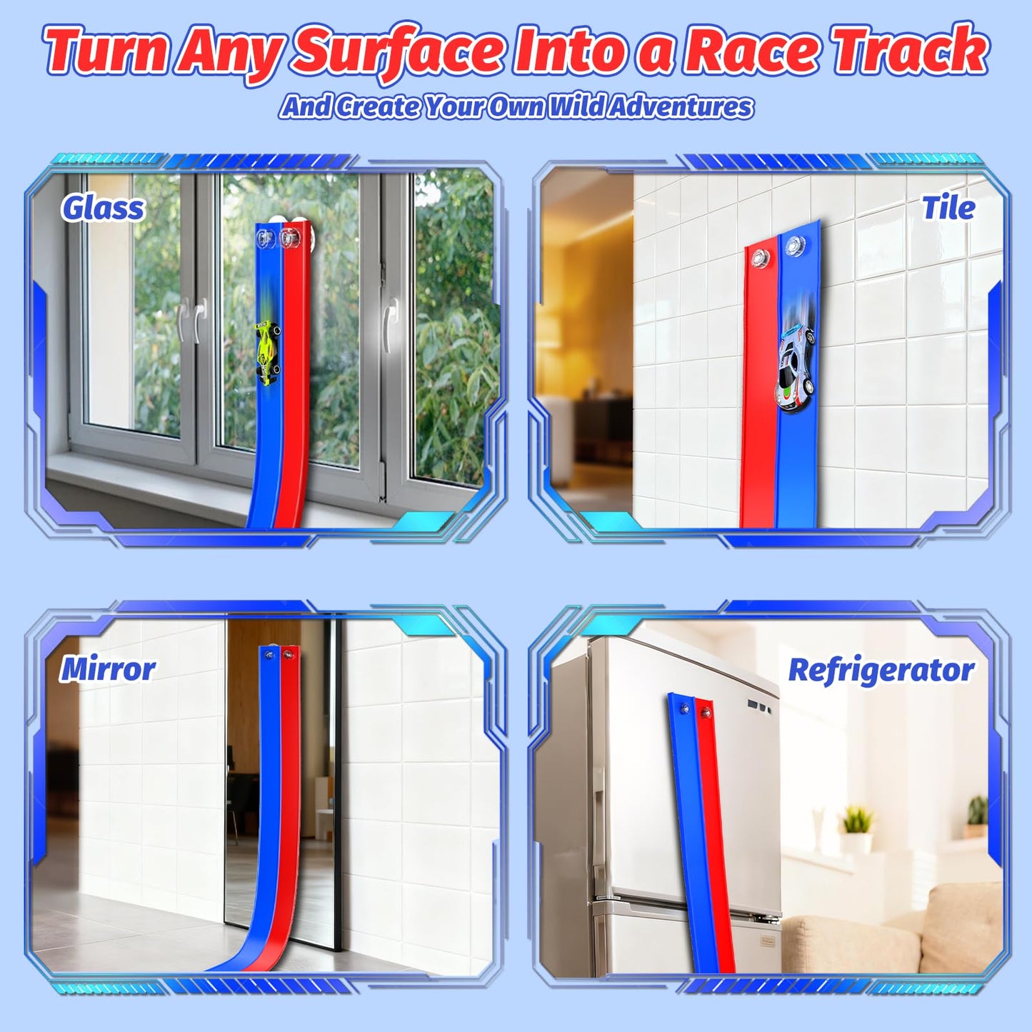 EYEFEAT 15 Ft Flexible Race Track for Kids – Dual-Lane, Suction Cup DIY Track (1/64 Cars)