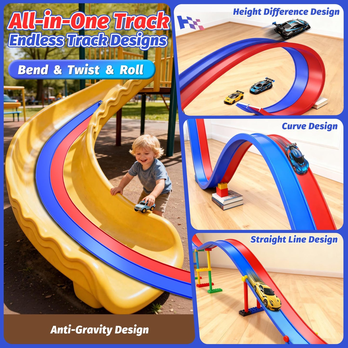 EYEFEAT 15 Ft Flexible Race Track for Kids – Dual-Lane, Suction Cup DIY Track (1/64 Cars)