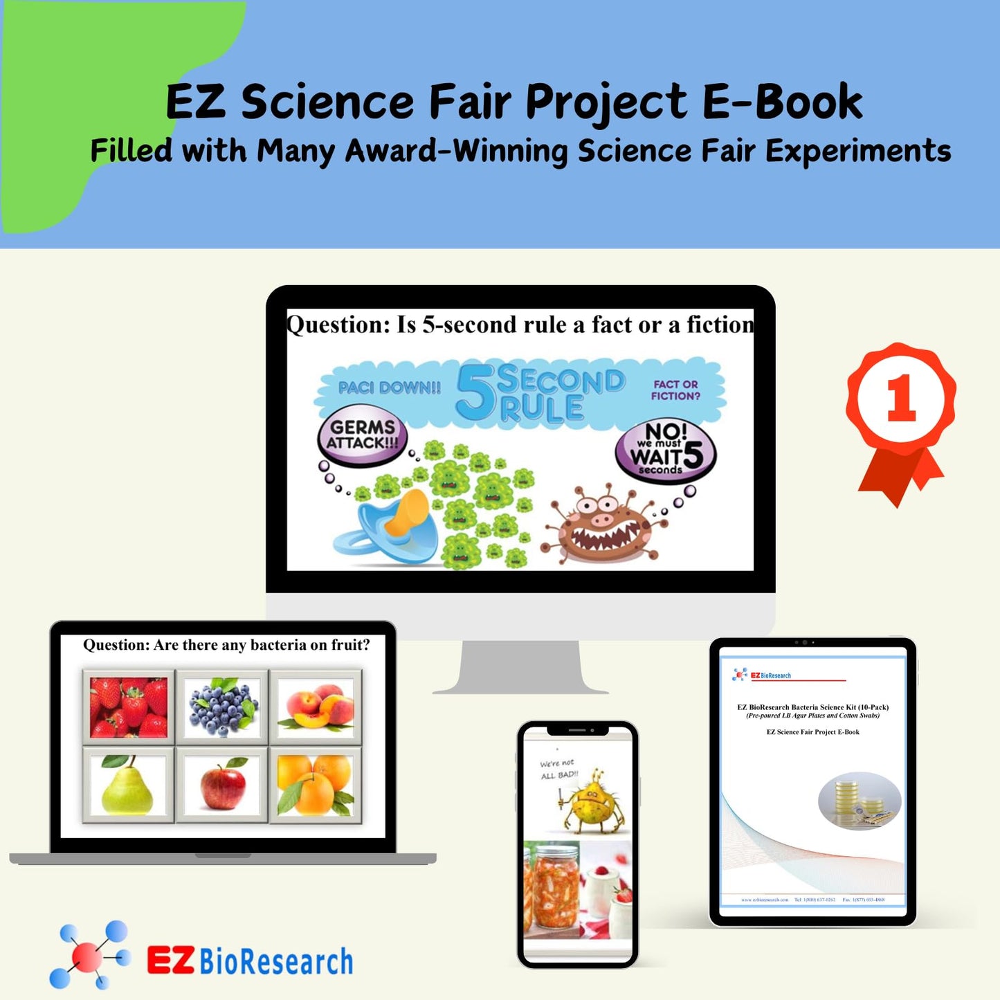 EZ BioResearch Bacteria Science Kit IV - Prepoured LB-Agar Plates, Swabs, and Free Science Fair E-Book