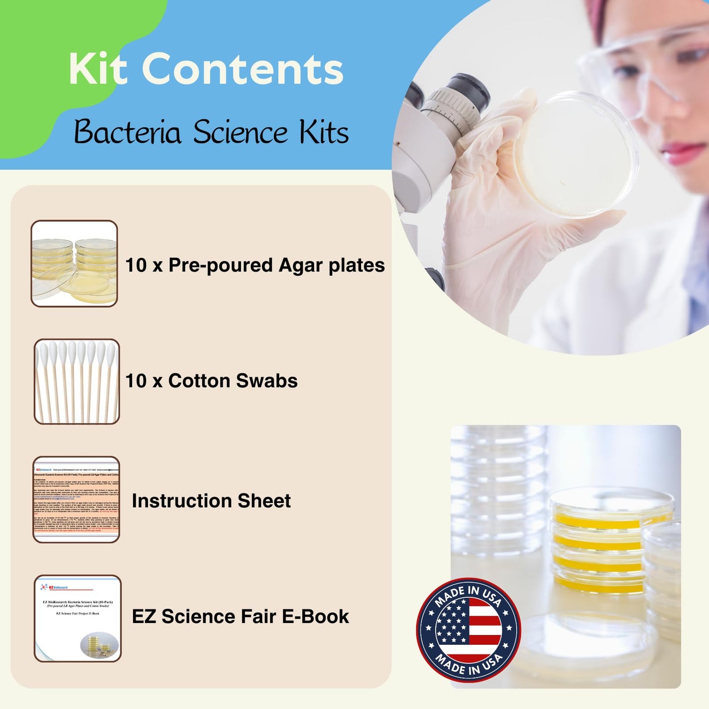 EZ BioResearch Bacteria Science Kit IV - Prepoured LB-Agar Plates, Swabs, and Free Science Fair E-Book