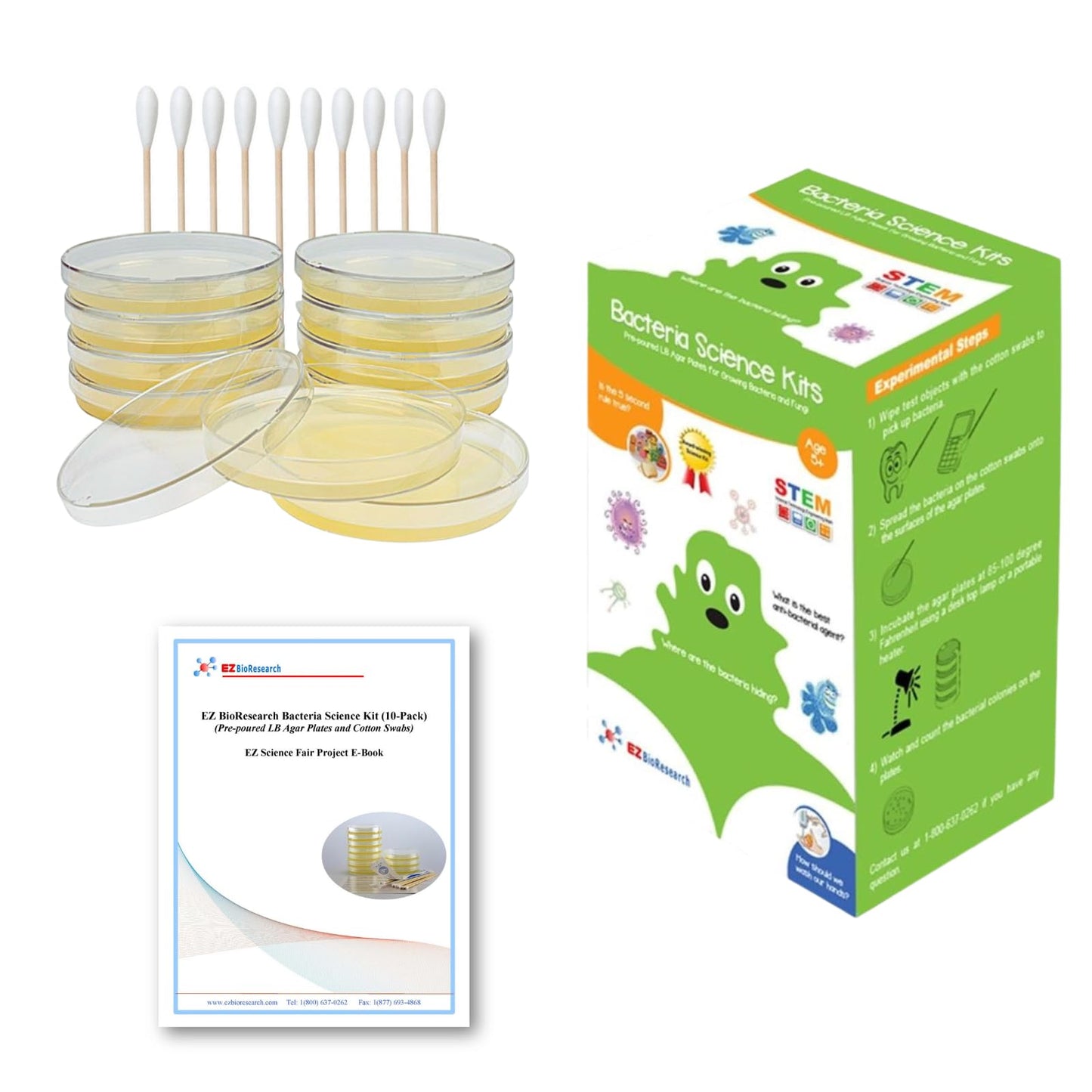 EZ BioResearch Bacteria Science Kit (IV) Gift Pack | Prepoured LB-Agar Plates & Swabs + Free Science Fair E-Book