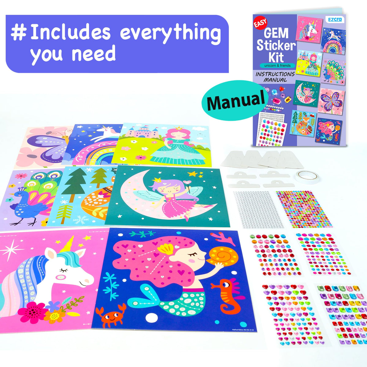 EZCRA Easy Gems Sticker Kit for Kids – 990+ Gems, 8 Unicorn Princess Themes