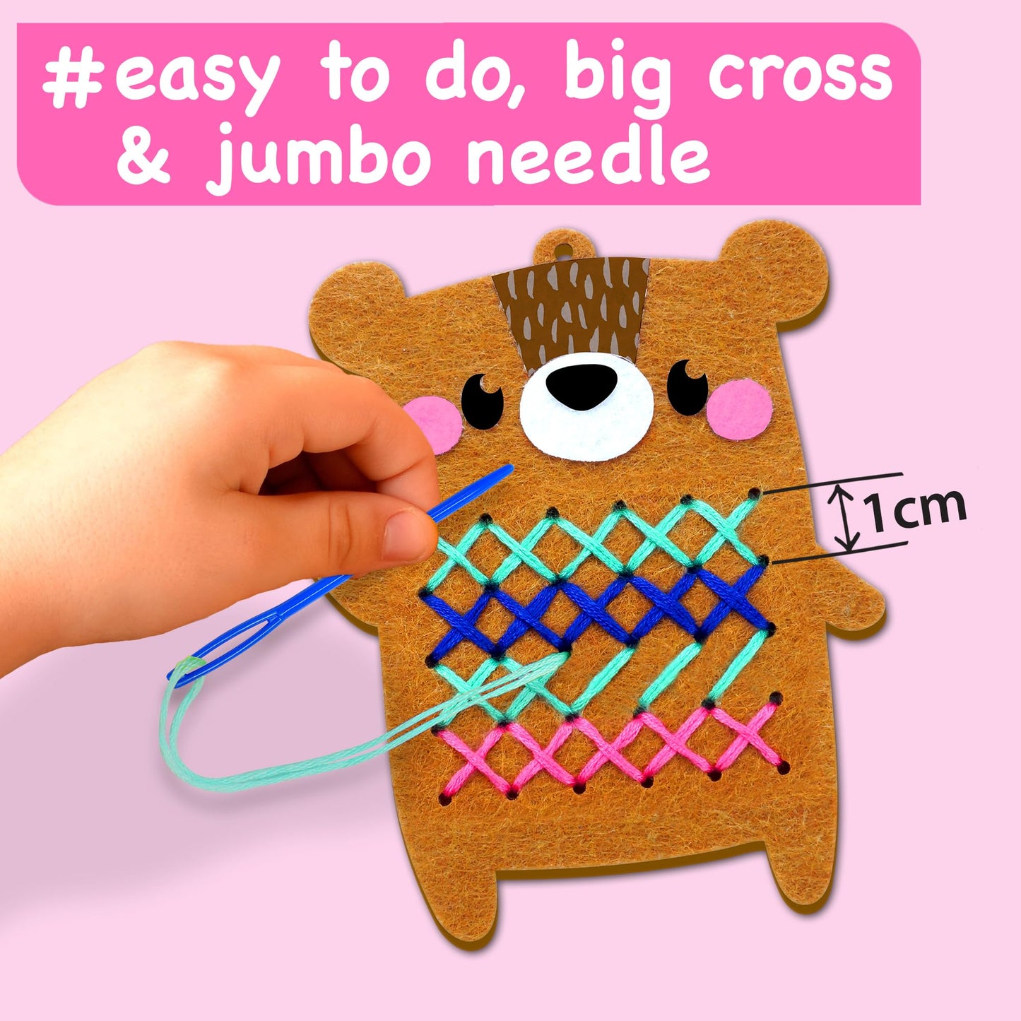 EZCRA Beginner Needlepoint Cross Stitch Kit for Kids 5-8 — Easy Embroidery Starter Set with Jumbo Needles & Pre-Printed Patterns