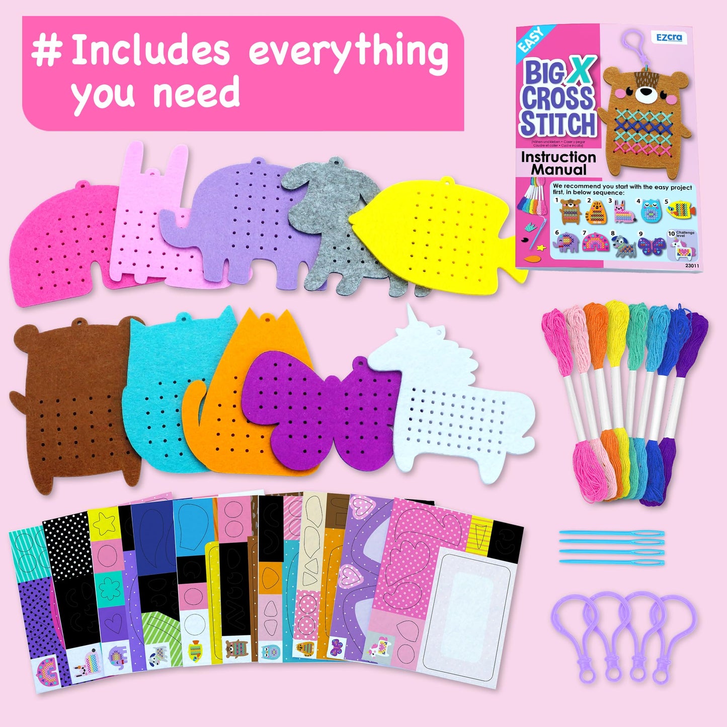 EZCRA Beginner Needlepoint Cross Stitch Kit for Kids 5-8 — Easy Embroidery Starter Set with Jumbo Needles & Pre-Printed Patterns