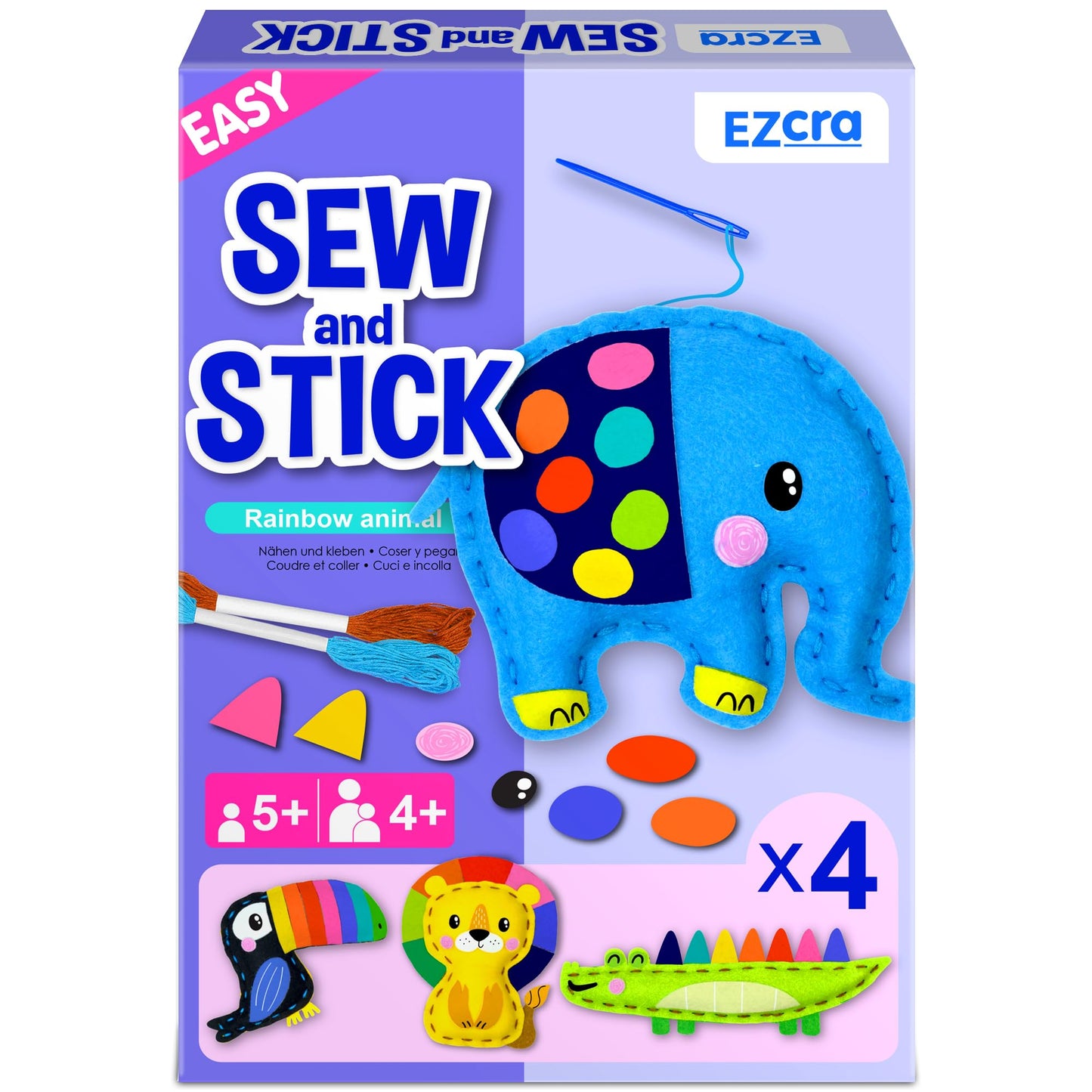 EZCRA Safari Animals Sewing Kit for Kids Ages 4-8 | No-Mess Felt Craft & Beginner Sewing Toys