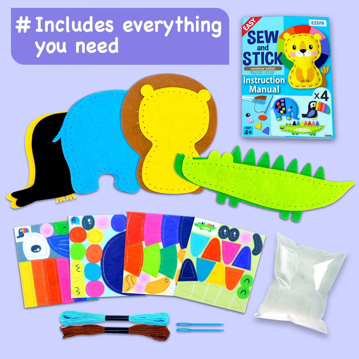 EZCRA Safari Animals Sewing Kit for Kids Ages 4-8 | No-Mess Felt Craft & Beginner Sewing Toys