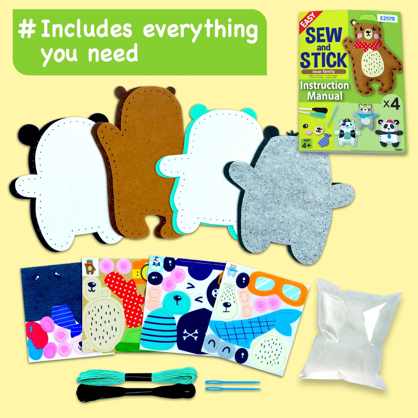 EZCRA Bear & Animal Sewing Kit for Kids 4-8 – No-Mess Felt Craft & Learn-to-Sew