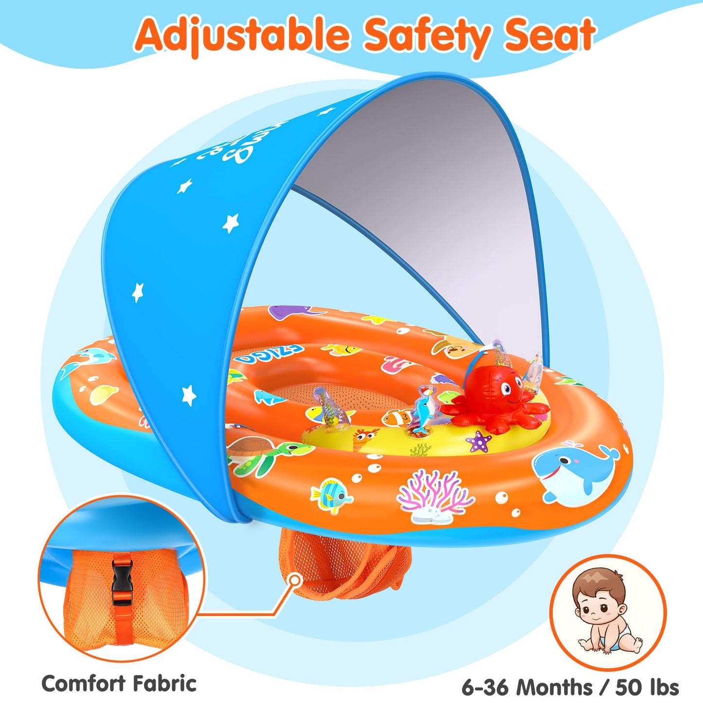EZIGO Baby Pool Float with Canopy — UPF 50+ Sun Protection (6-36 Months)