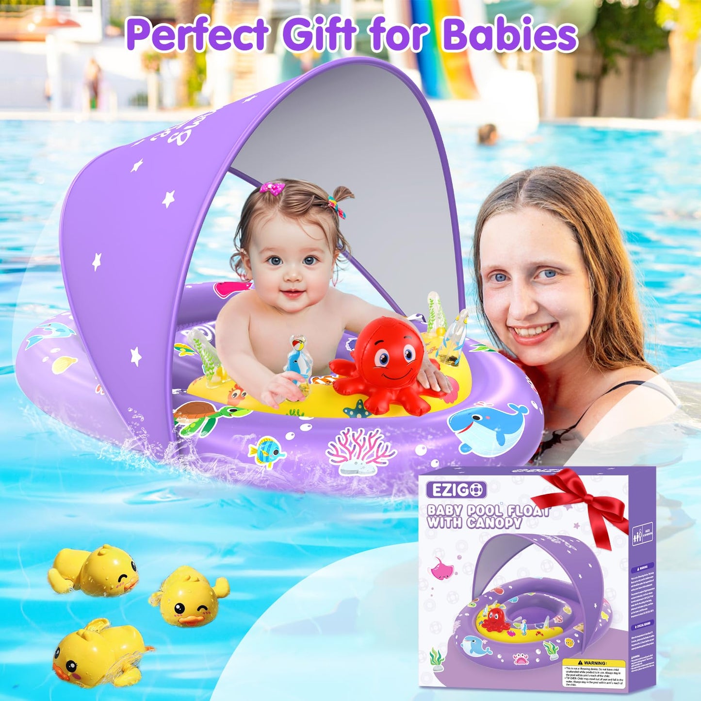 EZIGO Baby Pool Float with Canopy – UPF 50+ Sun Protection, Purple, 6-36 Months, Double Air Chambers
