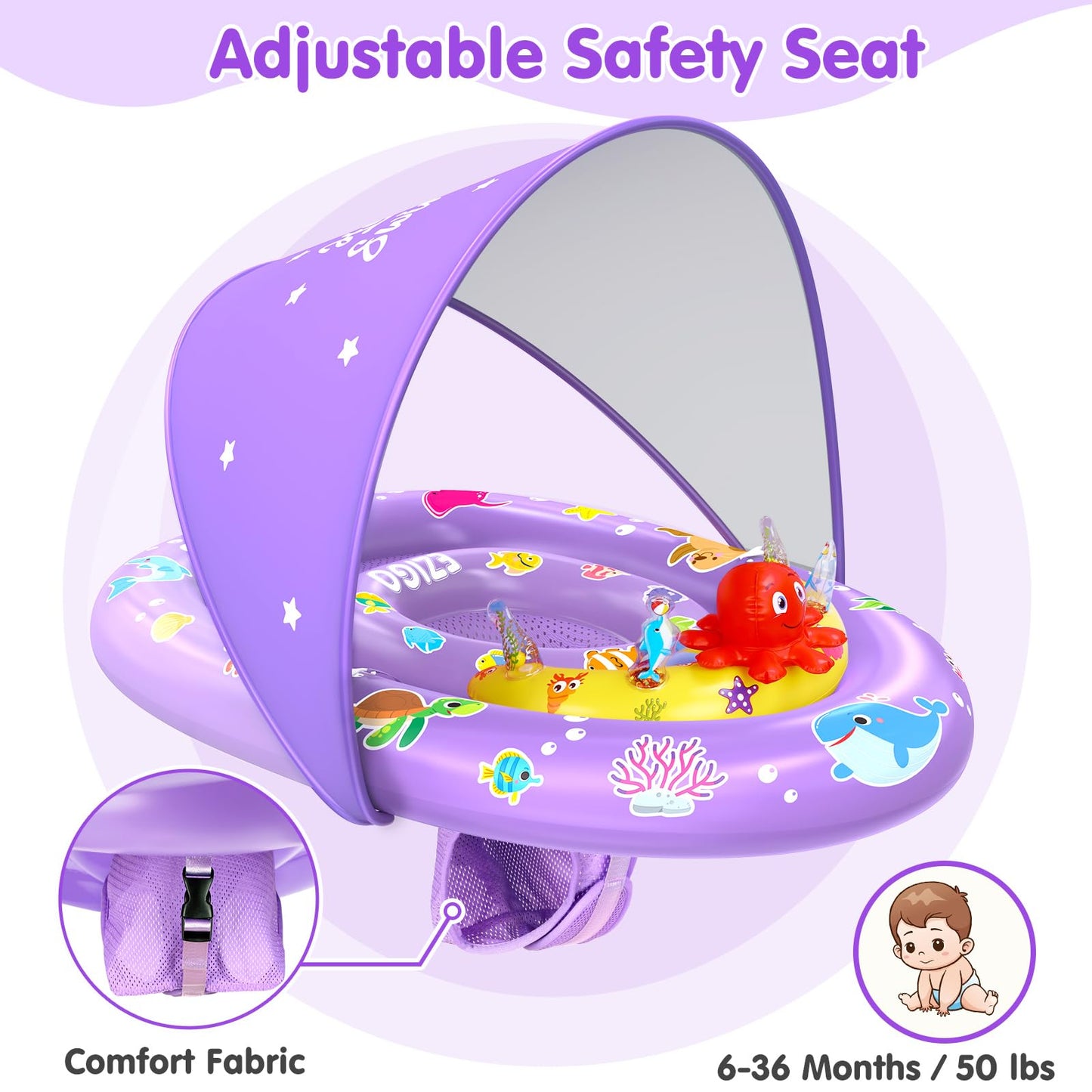 EZIGO Baby Pool Float with Canopy – UPF 50+ Sun Protection, Purple, 6-36 Months, Double Air Chambers