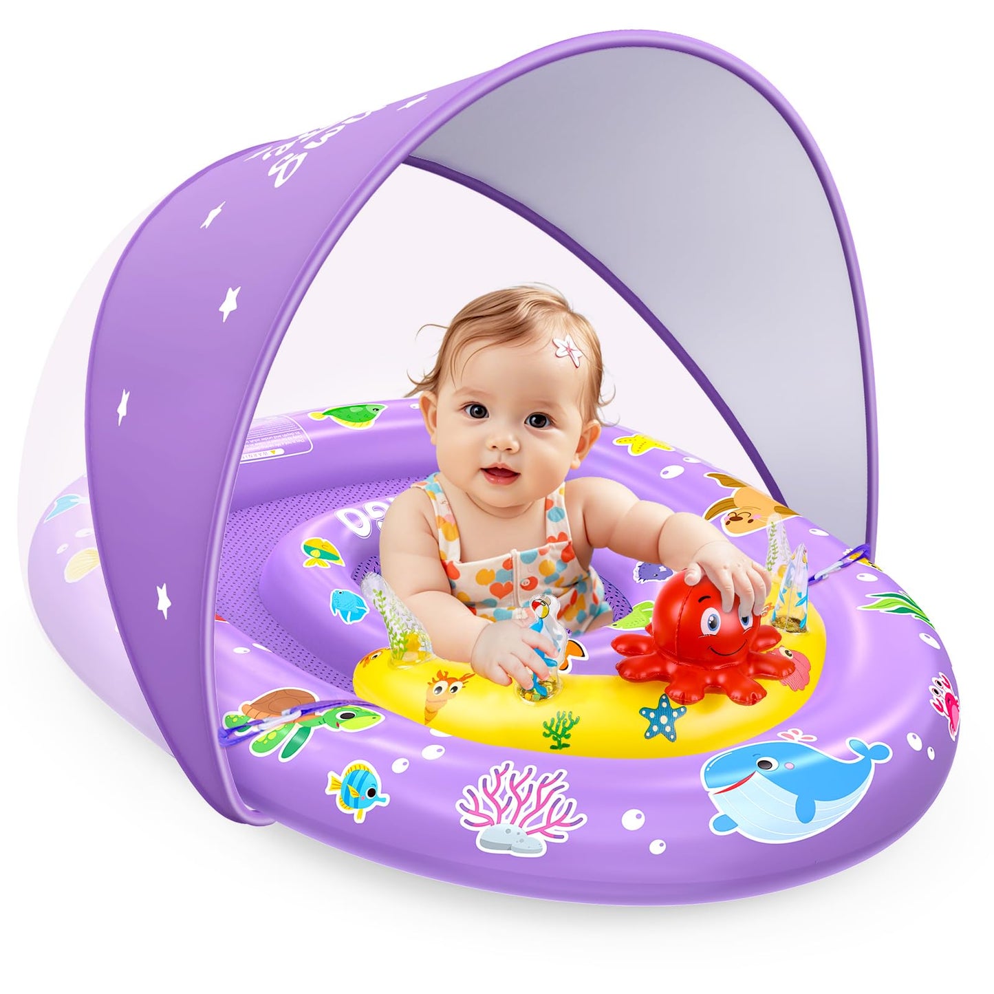 EZIGO Baby Pool Float with Canopy – UPF 50+ Sun Protection, Purple, 6-36 Months, Double Air Chambers