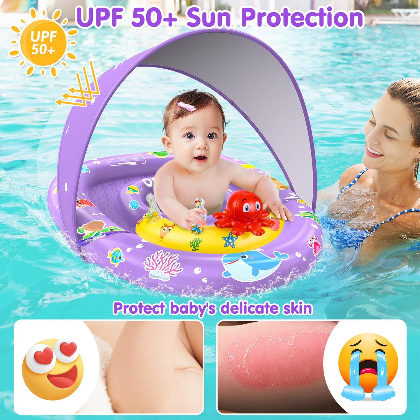 EZIGO Baby Pool Float with Canopy – UPF 50+ Sun Protection, Purple, 6-36 Months, Double Air Chambers