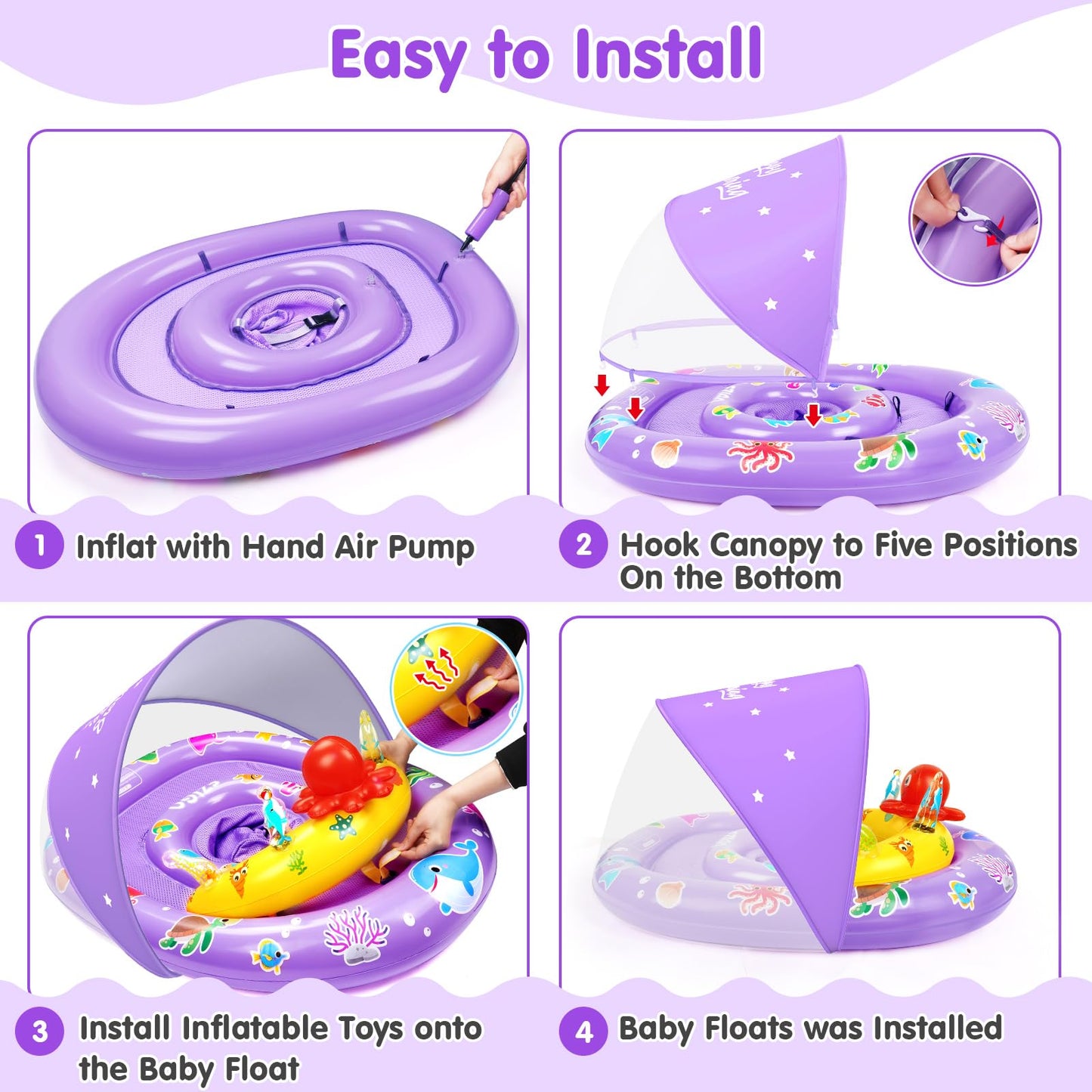 EZIGO Baby Pool Float with Canopy – UPF 50+ Sun Protection, Purple, 6-36 Months, Double Air Chambers