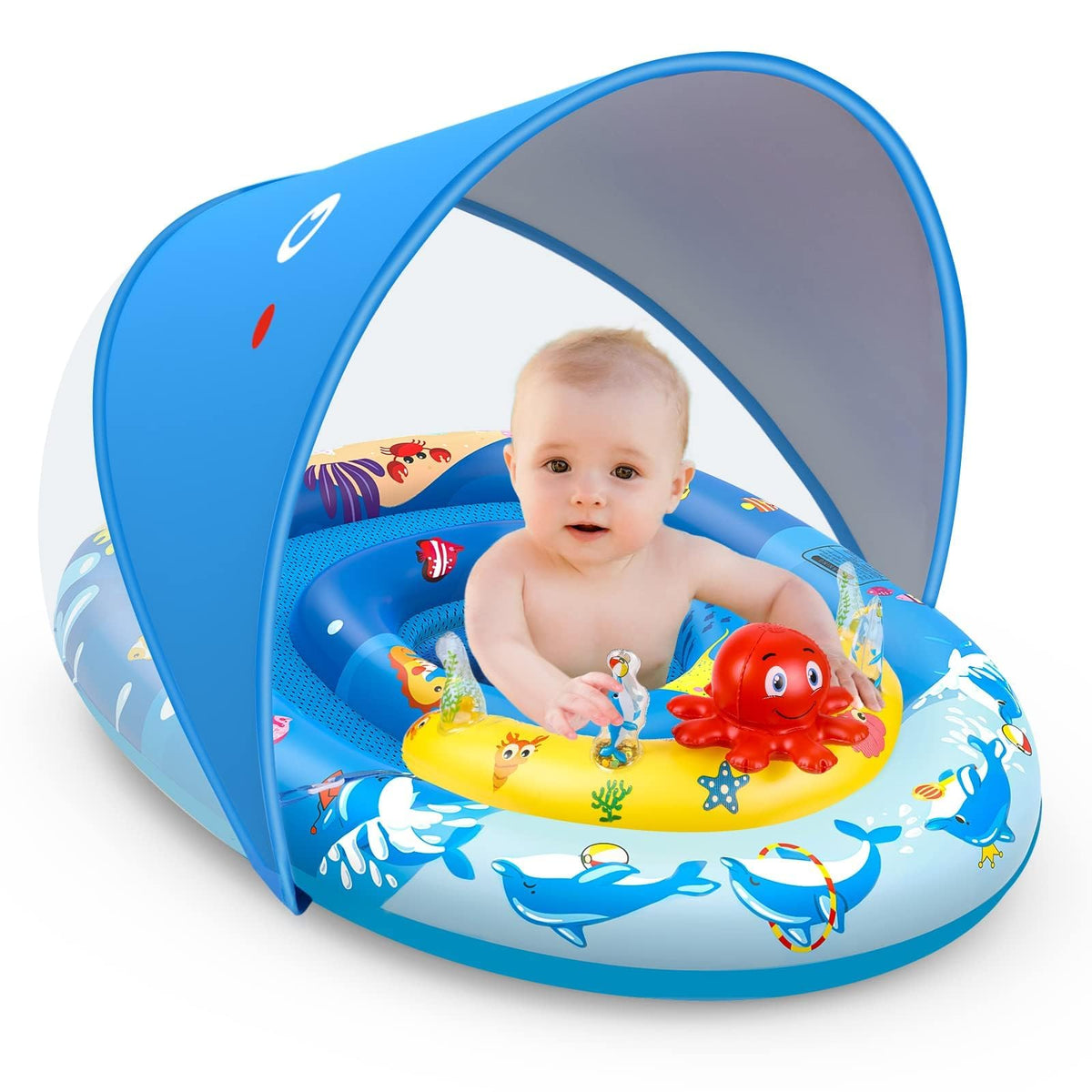 EZIGO Baby Pool Float with Canopy — UPF50+ Sun Protection, Adjustable Safety Seat (6-36 Months)