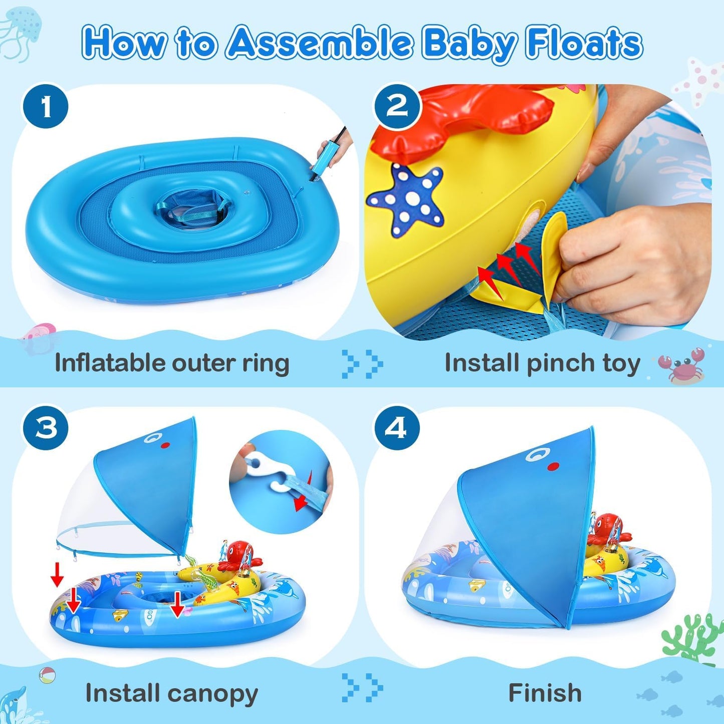 EZIGO Baby Pool Float with Canopy — UPF50+ Sun Protection, Adjustable Safety Seat (6-36 Months)