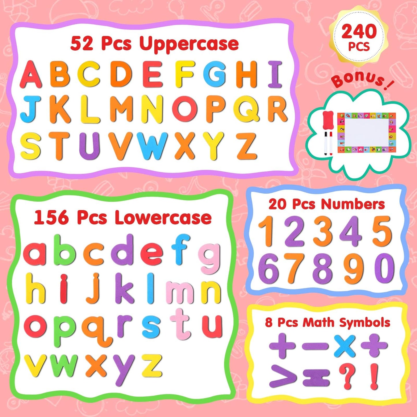 EZIGO 240Pcs Magnetic Letters & Numbers Kit – Colorful Alphabet Magnets & Magnetic Board
