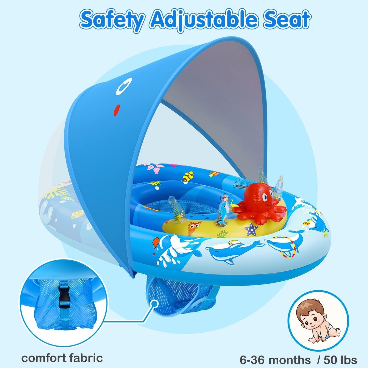 EZIGO Baby Pool Float with Canopy — UPF50+ Sun Protection, Adjustable Safety Seat (6-36 Months)