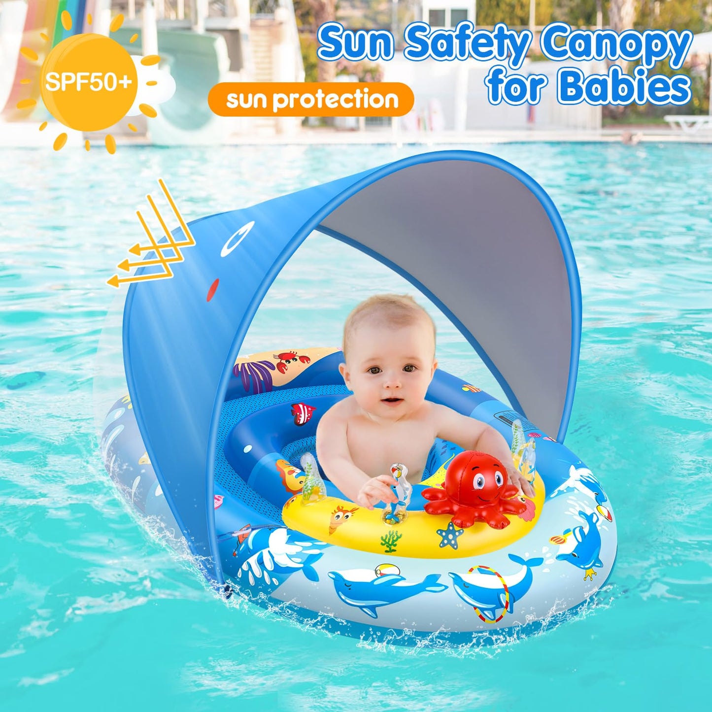 EZIGO Baby Pool Float with Canopy — UPF50+ Sun Protection, Adjustable Safety Seat (6-36 Months)