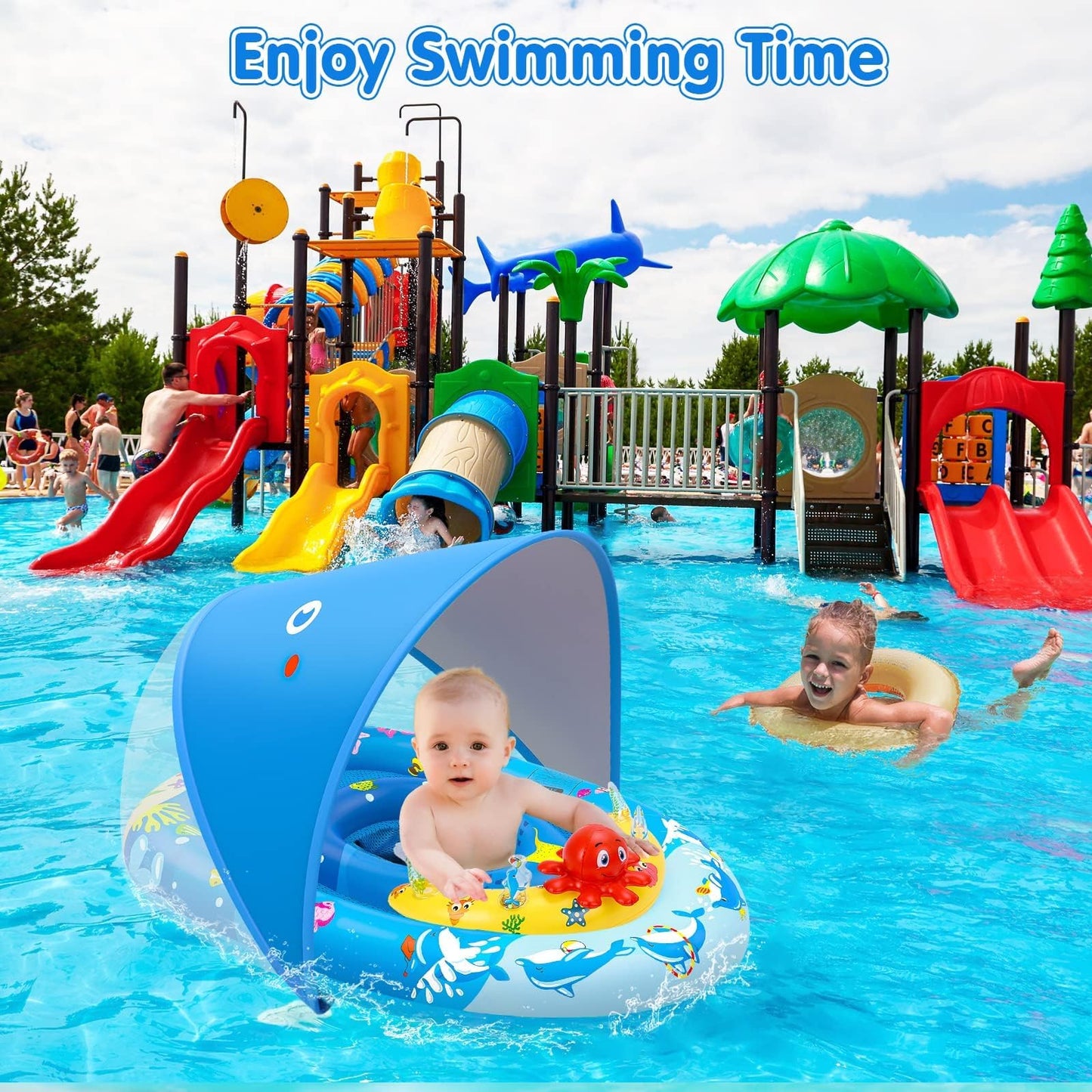EZIGO Baby Pool Float with Canopy — UPF50+ Sun Protection, Adjustable Safety Seat (6-36 Months)