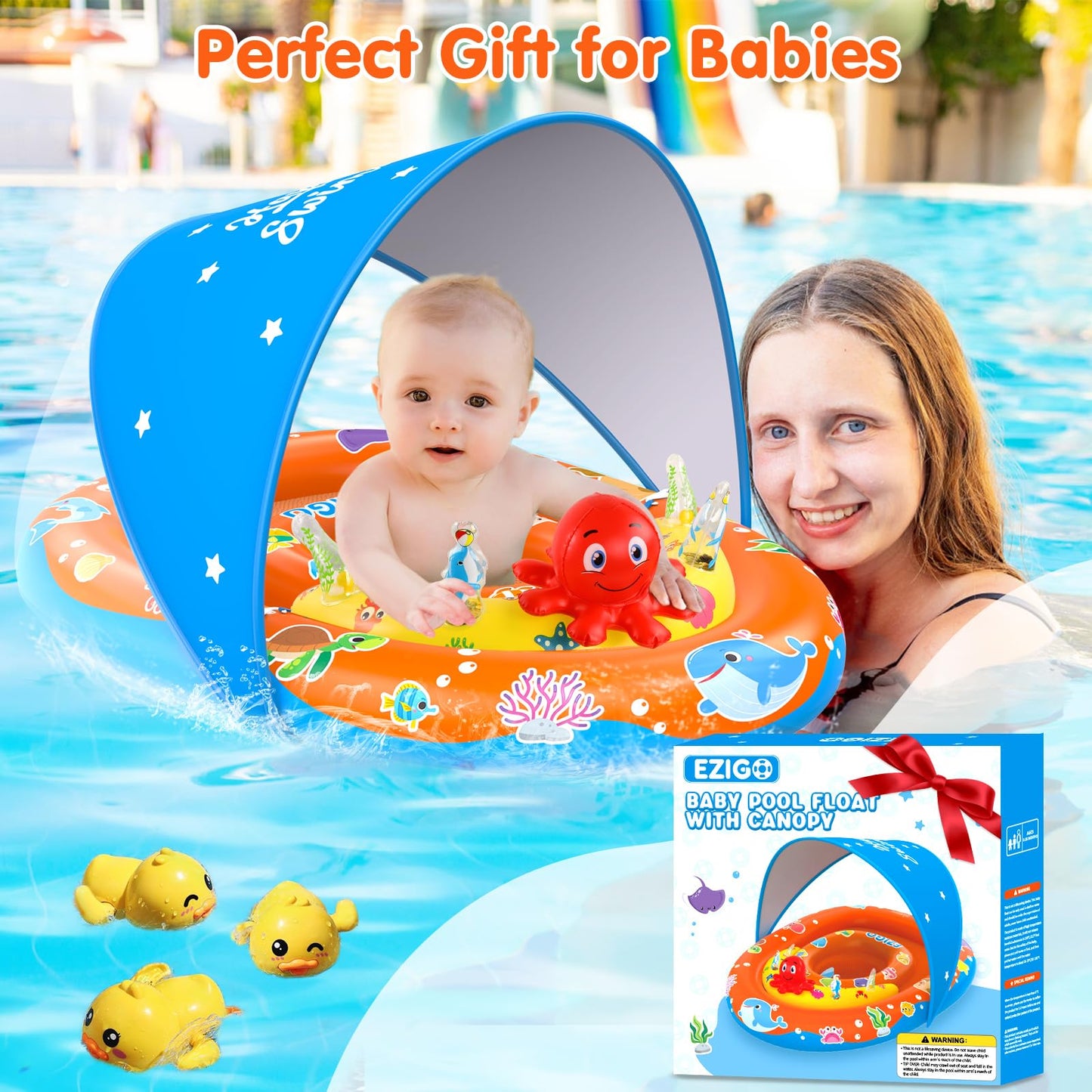 EZIGO Baby Pool Float with Canopy — UPF 50+ Sun Protection (6-36 Months)