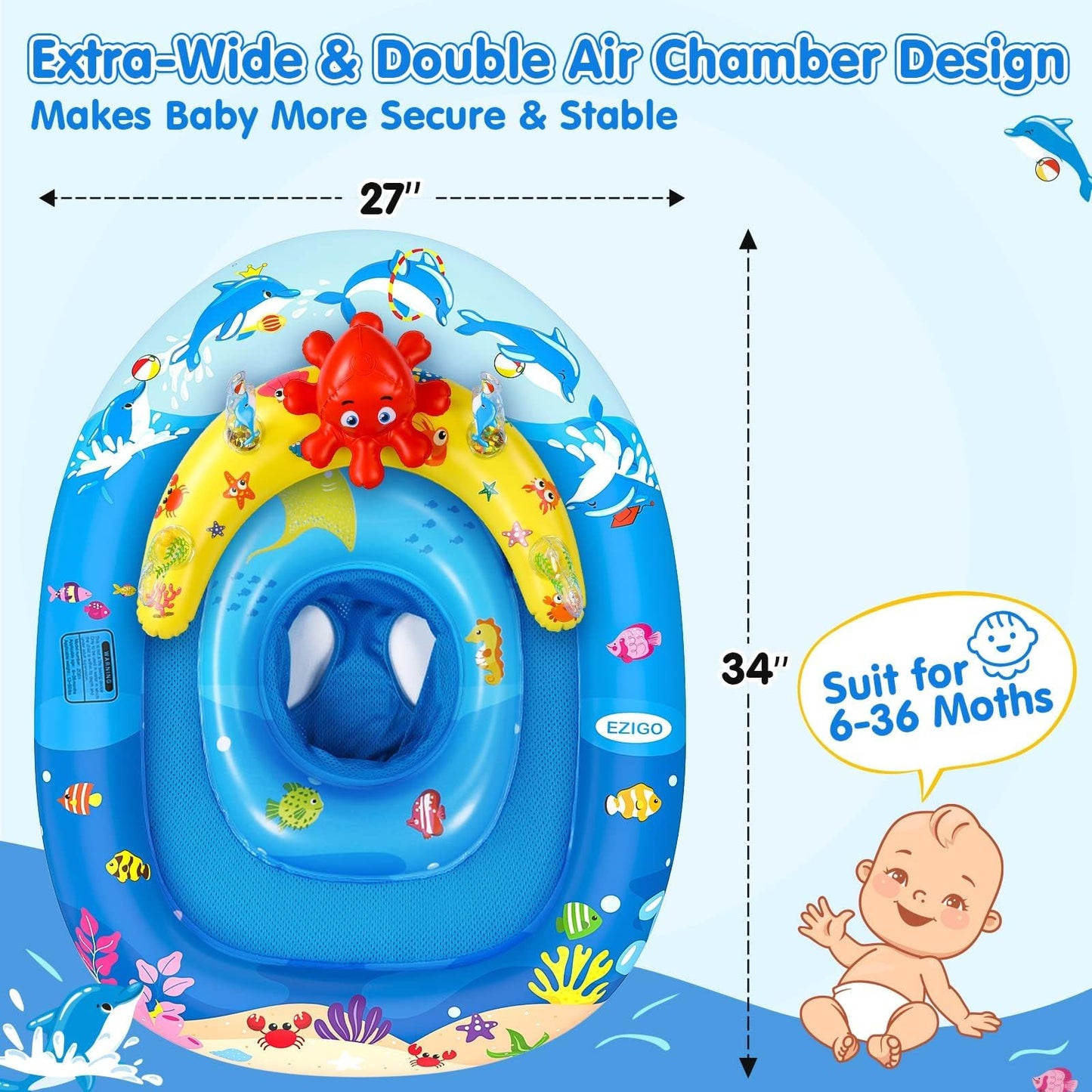 EZIGO Baby Pool Float with Canopy — UPF50+ Sun Protection, Adjustable Safety Seat (6-36 Months)