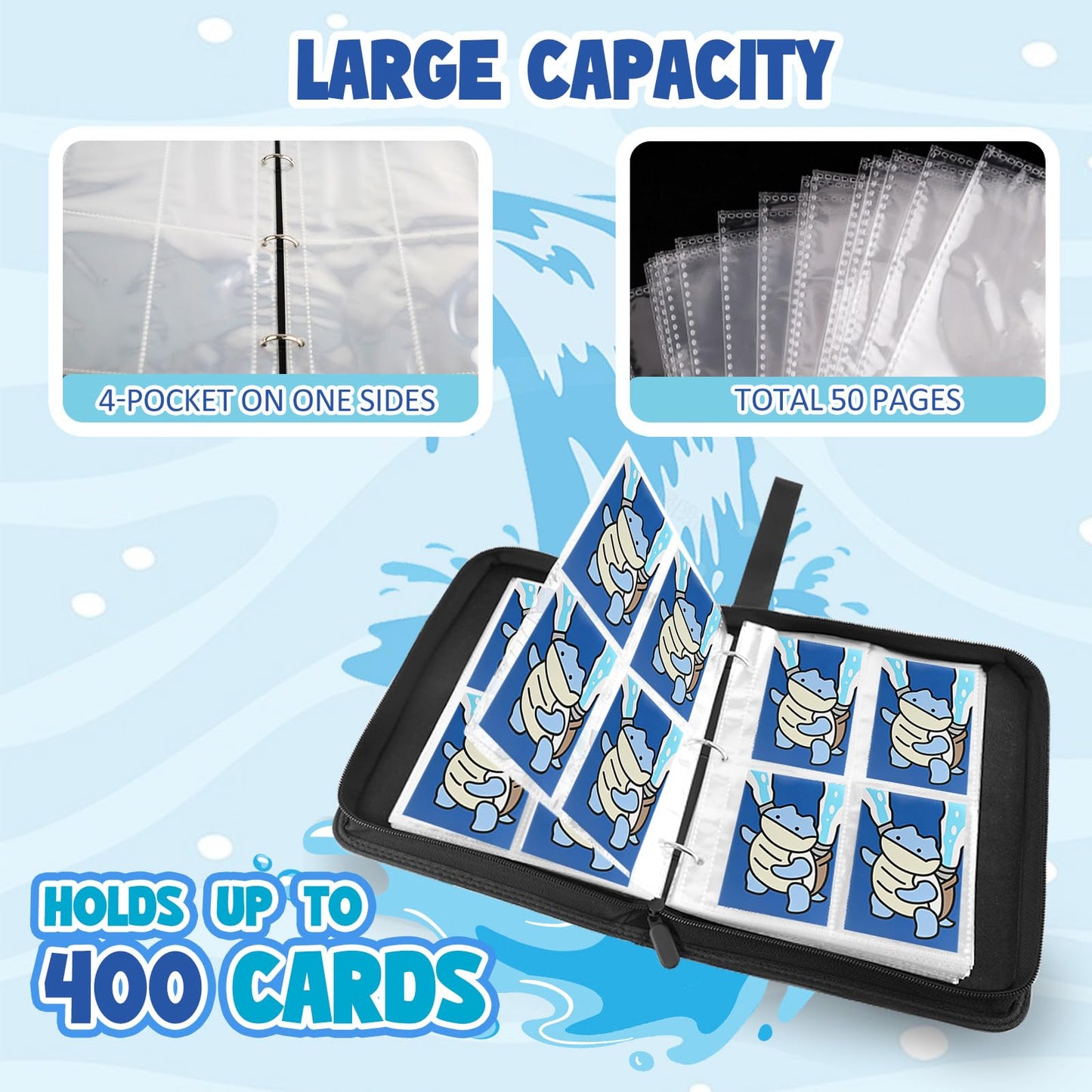 EZIYIN Collectible Card Binder – 400 Cards, 4 Pockets, PU Leather, Waterproof Zipper