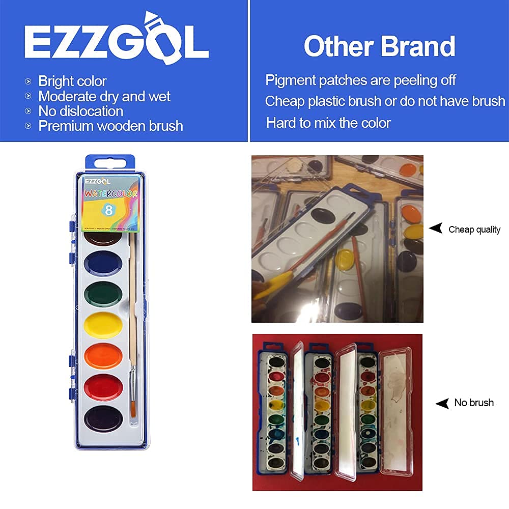 Ezzgol Watercolor Paint Sets – 24-Pack, 8 Colors, Kids Safe, Classroom-Ready