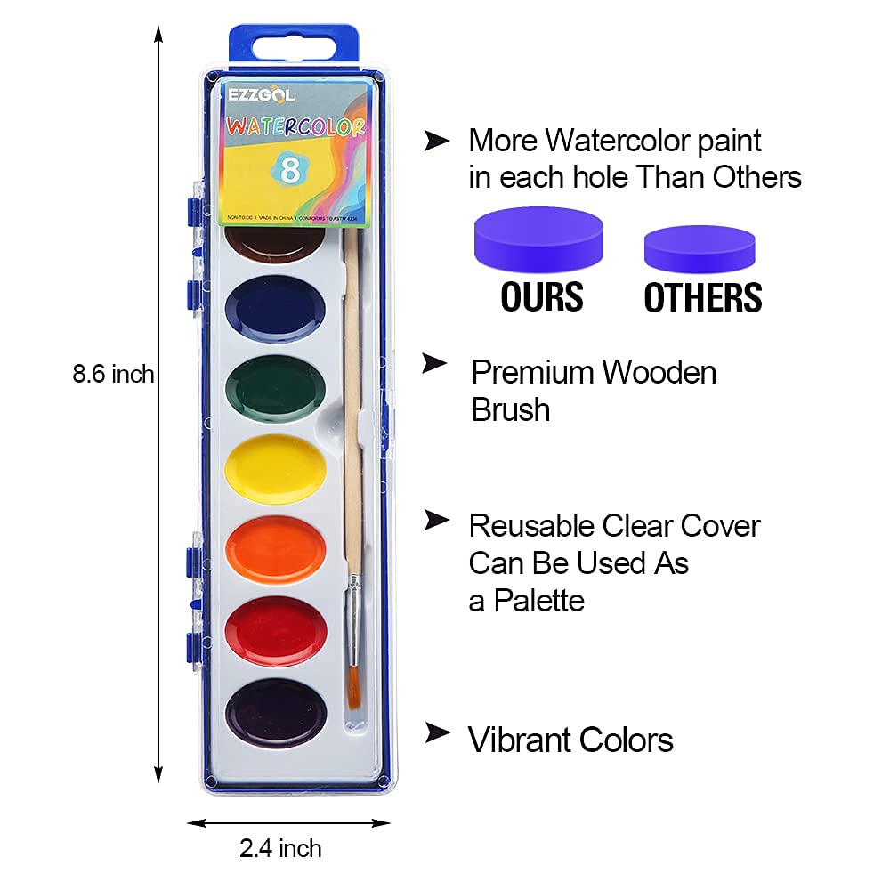 Ezzgol Watercolor Paint Sets – 24-Pack, 8 Colors, Kids Safe, Classroom-Ready