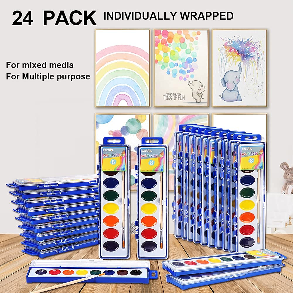 Ezzgol Watercolor Paint Sets – 24-Pack, 8 Colors, Kids Safe, Classroom-Ready