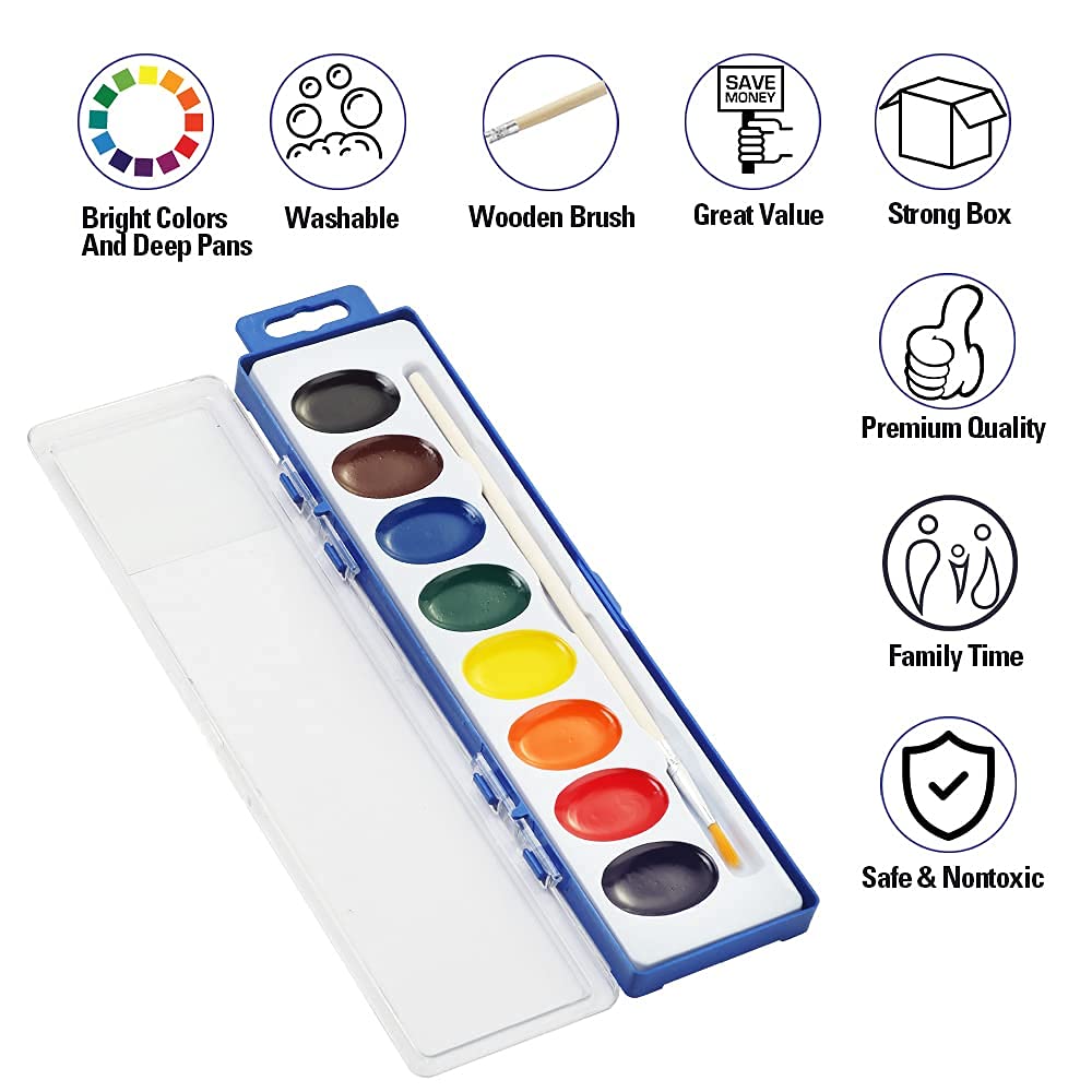 Ezzgol Watercolor Paint Sets – 24-Pack, 8 Colors, Kids Safe, Classroom-Ready
