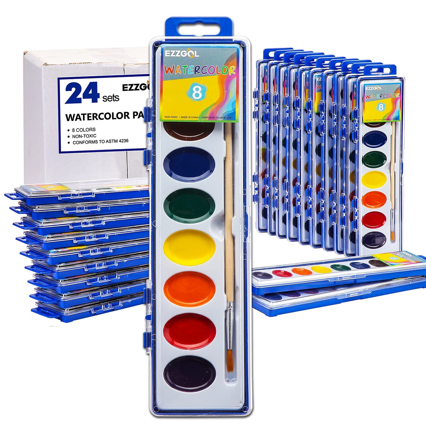 Ezzgol Watercolor Paint Sets – 24-Pack, 8 Colors, Kids Safe, Classroom-Ready