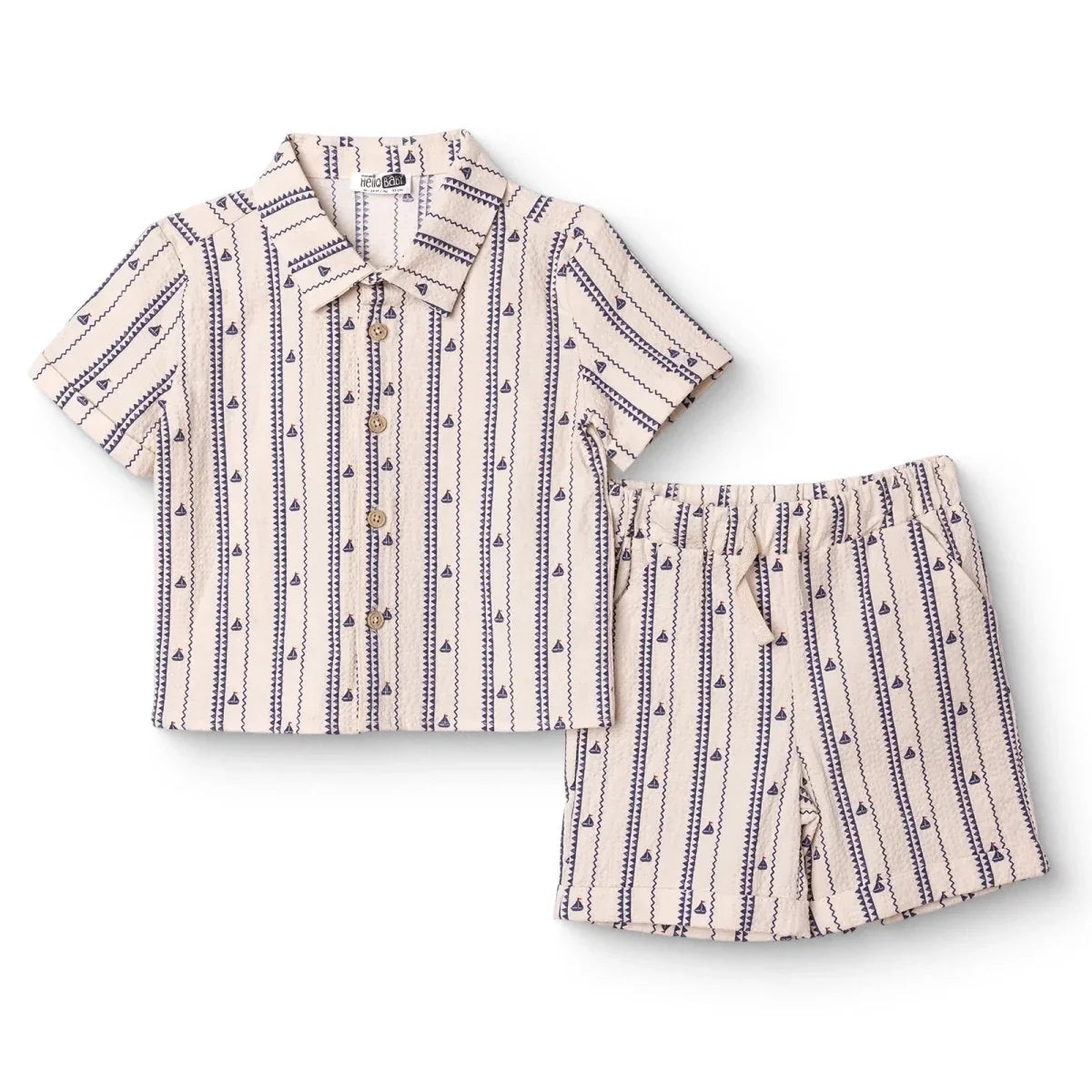 HelloBaby Boys Shirt & Shorts Set Buttoned Little Sailor Shirt Collar Above the Knee Short Sleeve - Ecru Printed