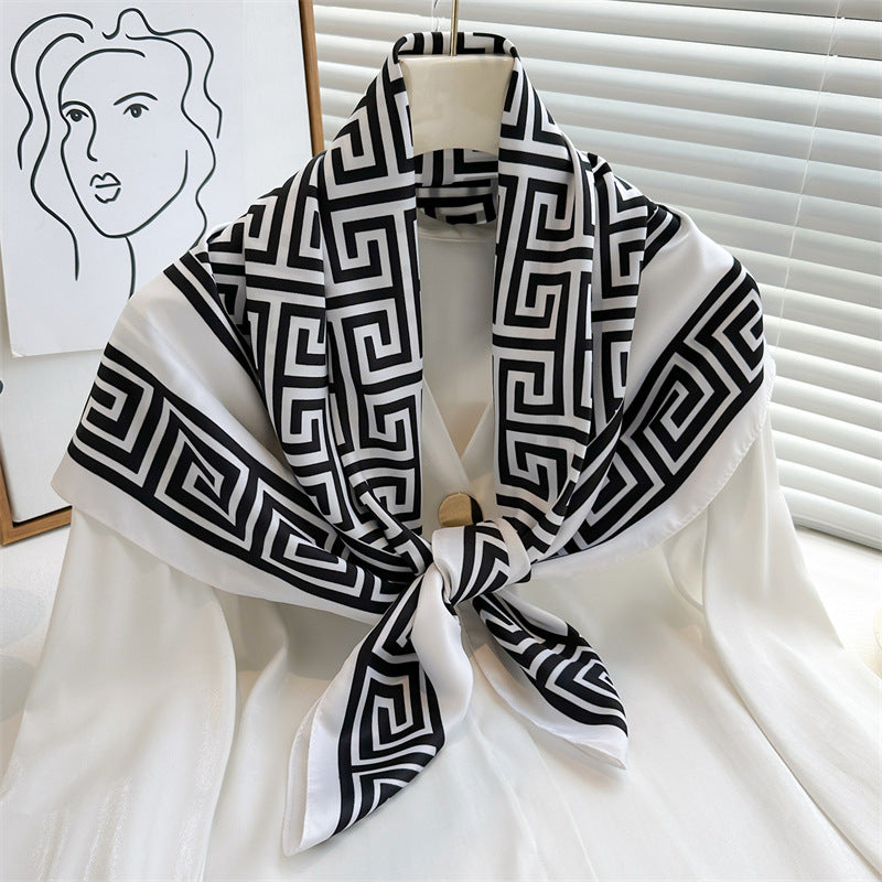 Women's Premium Twill Silk Scarf, Large Printed 90/90cm Striped Square Scarf