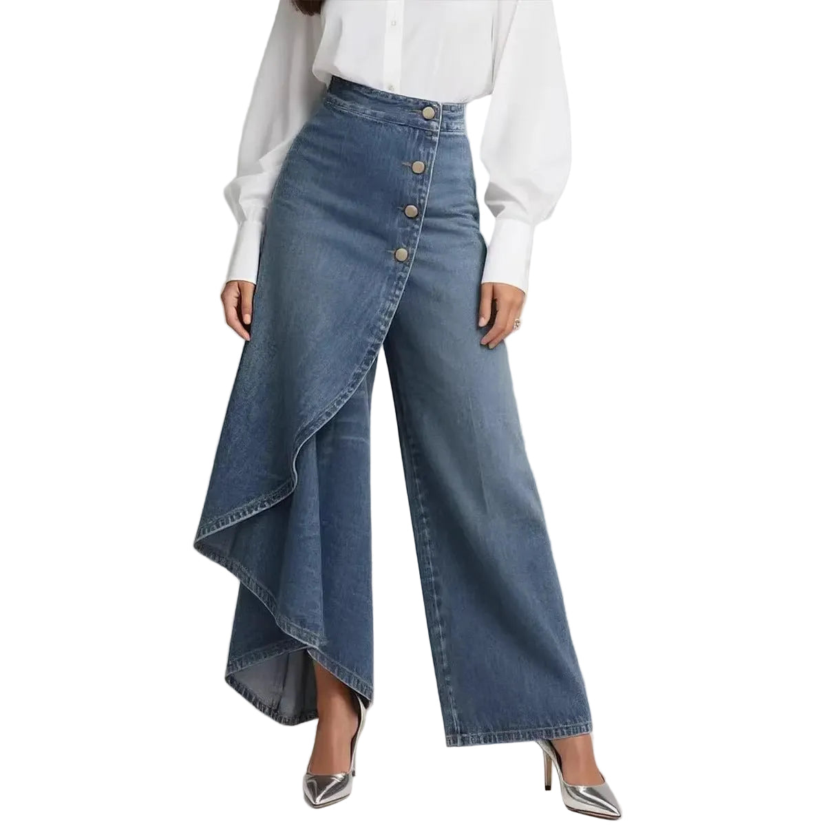 Ruffled Buttoned Trousers, Women's Faux Denim Pants| Premium Modest Fashion