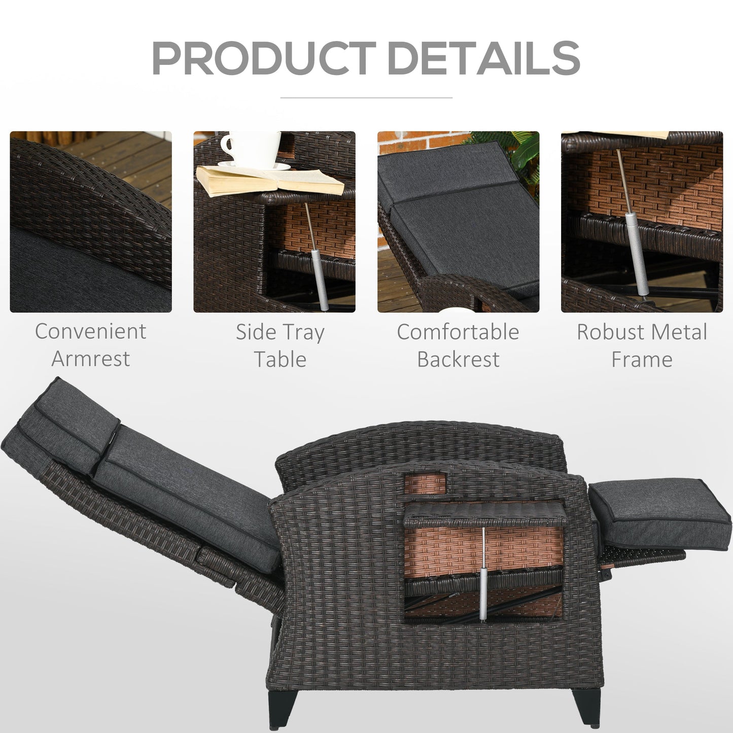 Outsunny Outdoor Recliner Chair with Cushion Rattan Reclining Lounge Chair