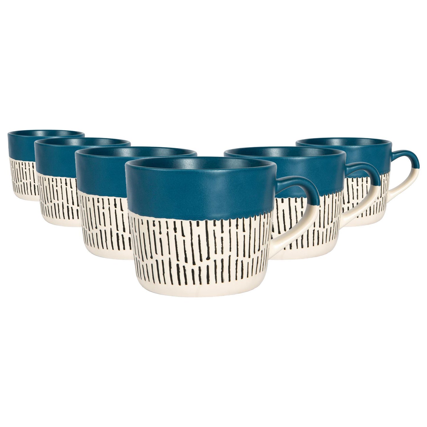 450ml Blue Colour Block Dash Stoneware Coffee Mugs - Pack of Six