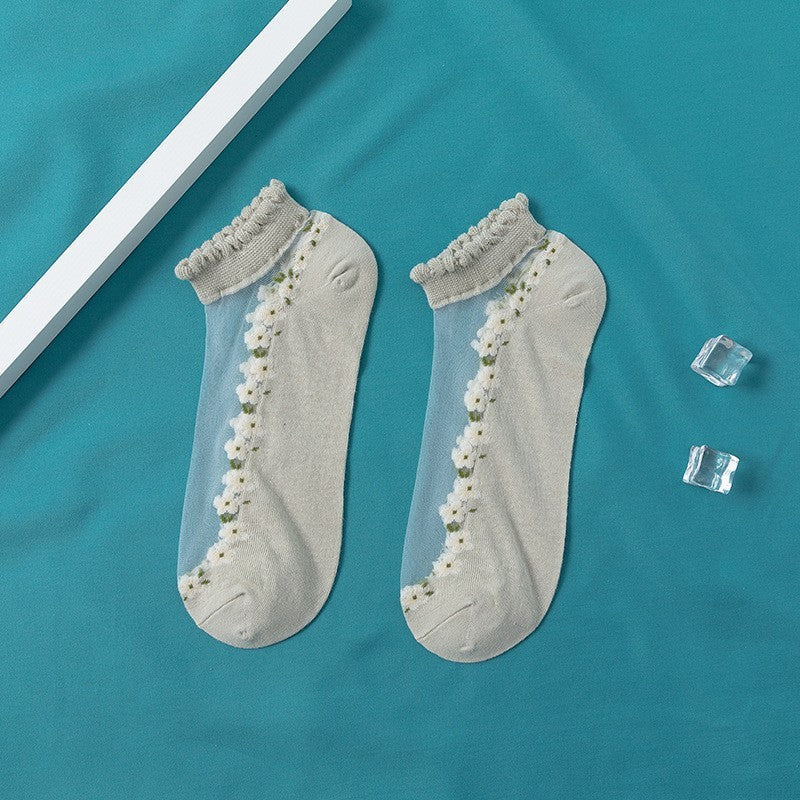 Women's Thin Spun Glass Lace Crystal Boat Socks