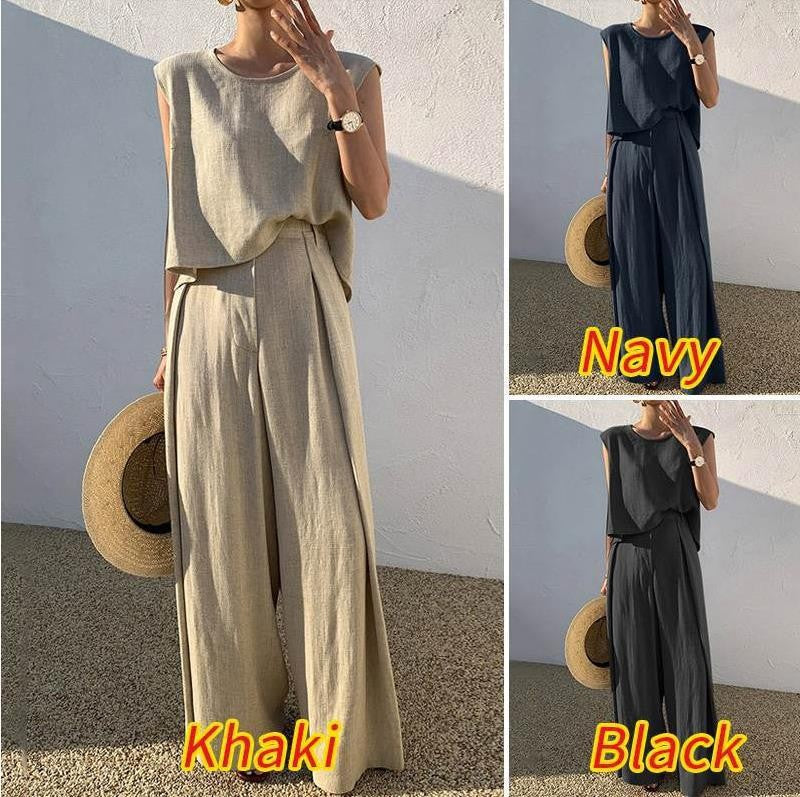 Cotton And Linen Casual Sleeveless Top Wide Leg Pants Two-piece Set