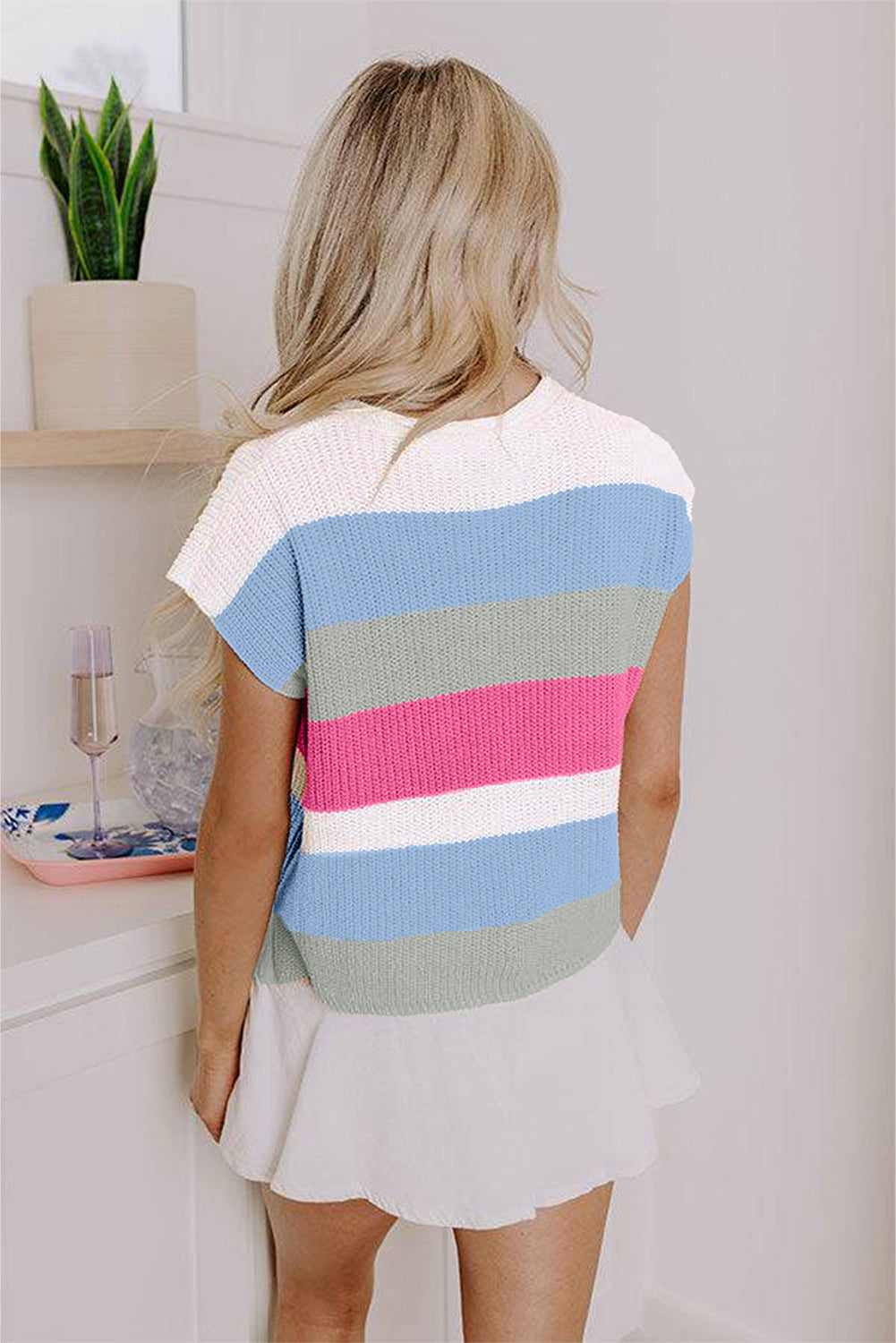 Pink Color Block Notch V Neck Sweater T Shirt