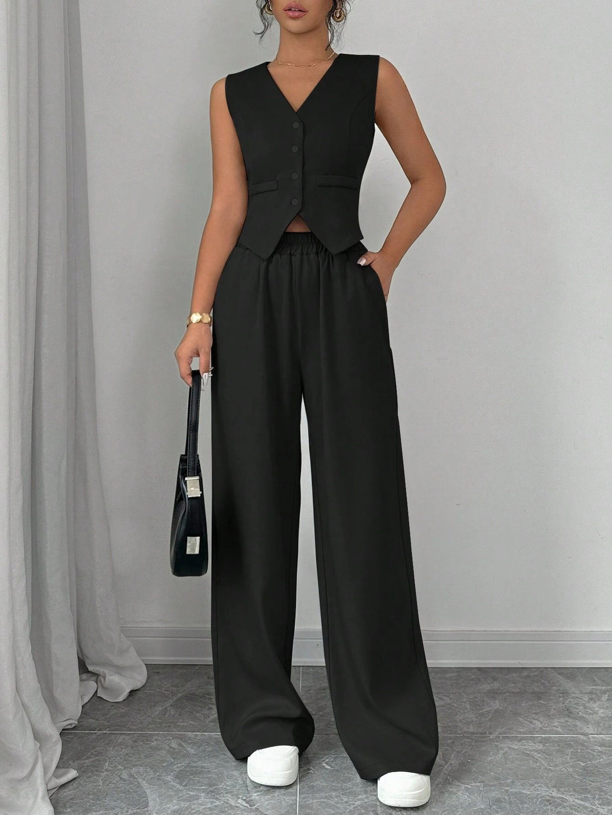 Elegant Button-front Sleeveless Vest And Trousers Set