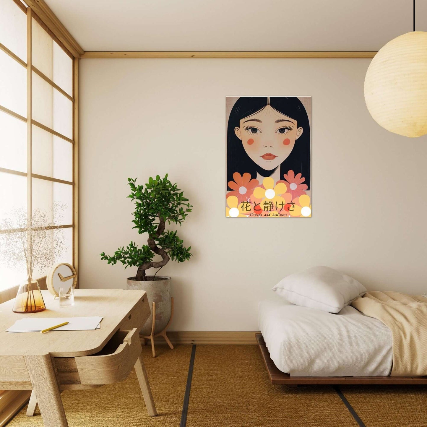 Japanese Portrait Art Print - Flowers & Stillness