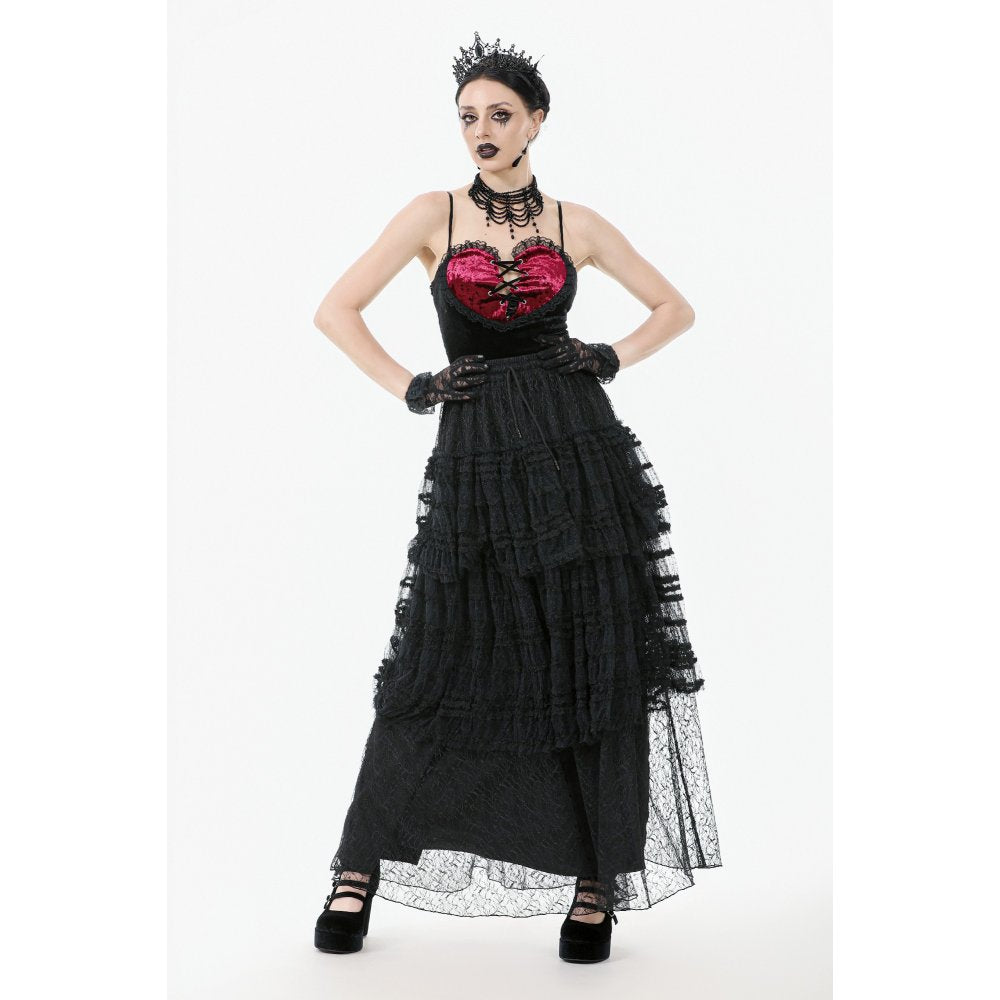 Dark in Love Morticia Gothic Velvet & Lace Skirt in Black