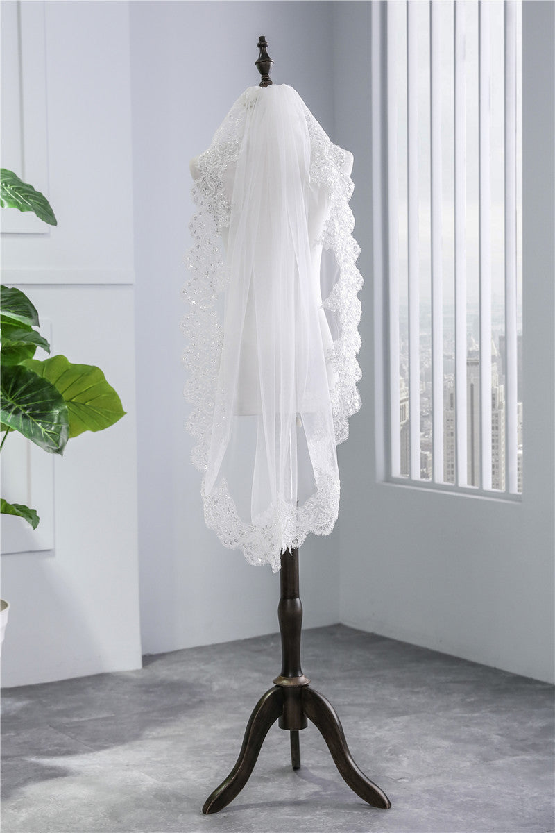 Sequined Short Wedding Veil, Soft Mesh Lace White Ivory Veil