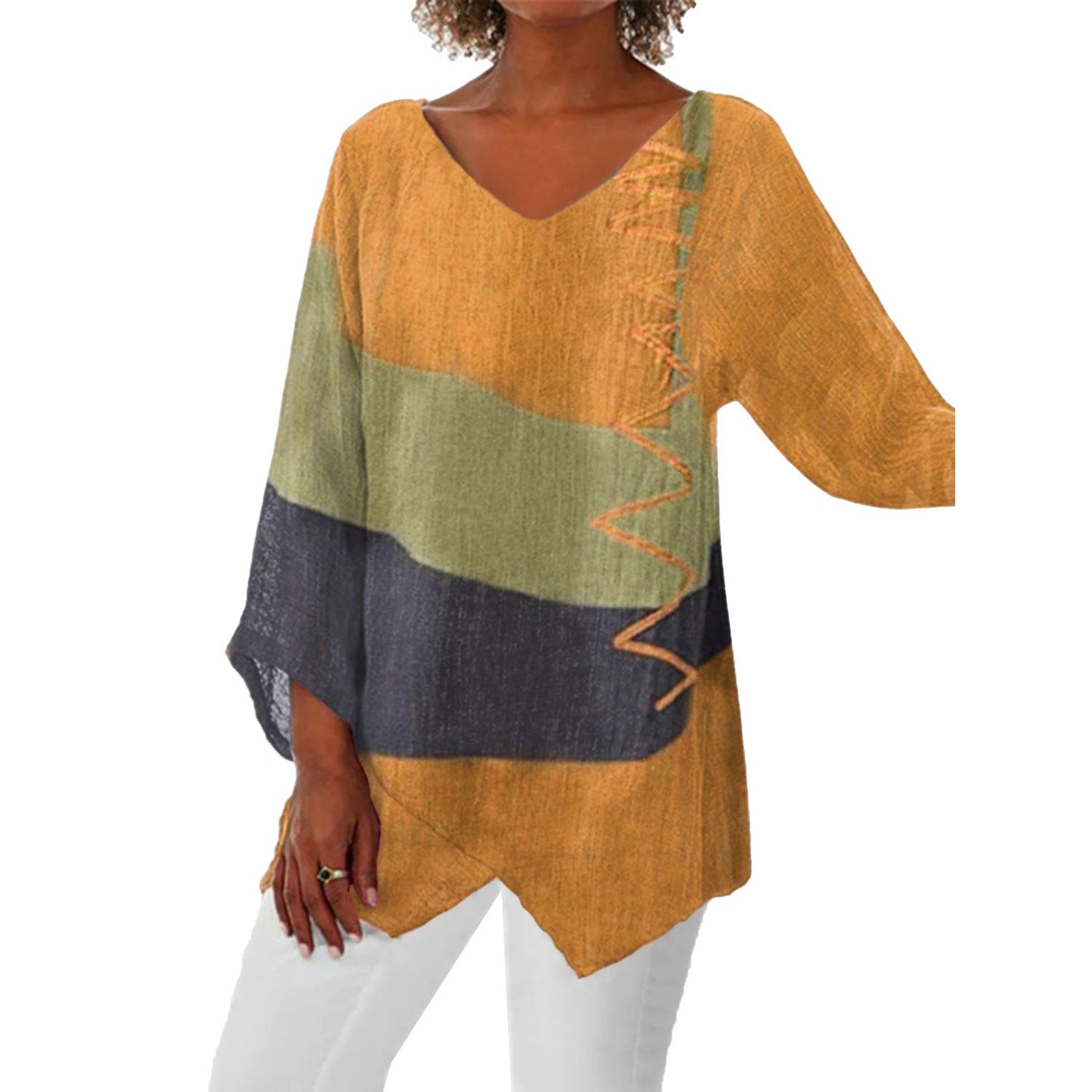 Ins Colorblock Print V-neck Long Sleeve T-Shirt Fashion Loose Tops Autumn And Spring Women's Clothing