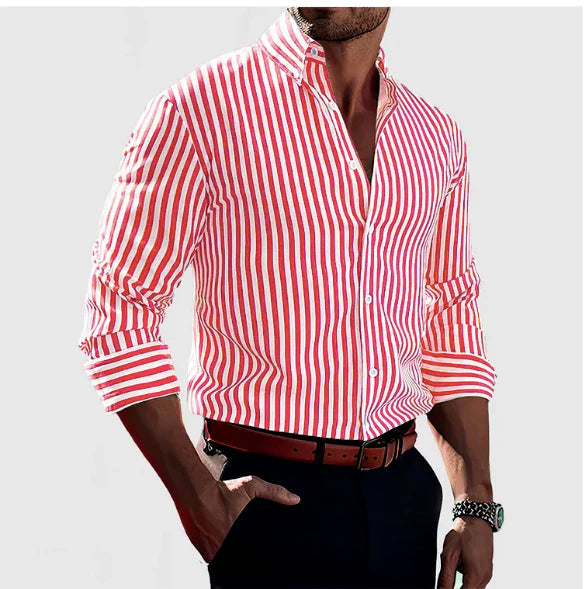 Ins Stripe Printed Long Sleeve Shirt Men Fashion Casual Lapel Button Top Clothing