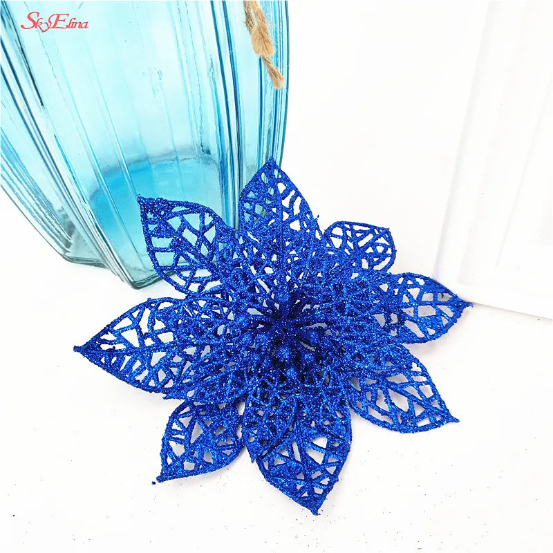 10Pcs/Set Christmas Flowers Xmas Christmas Tree Decorations Glitter Hollow Wedding Party Decor Gold/Silver/Red/Green/Blue 8Z