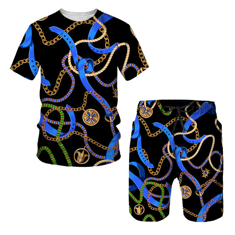 Men's Chain Pattern Digital Printed T-Shirt & Shorts, Two-Pieces Set
