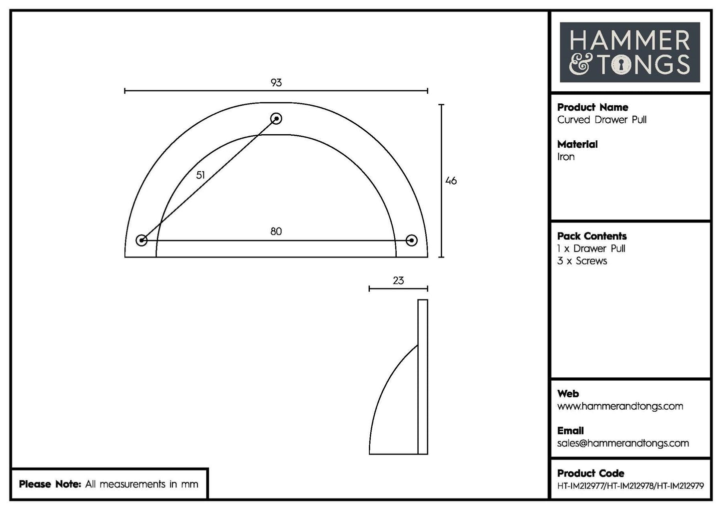95mm x 45mm Curved Cabinet Cup Handle
