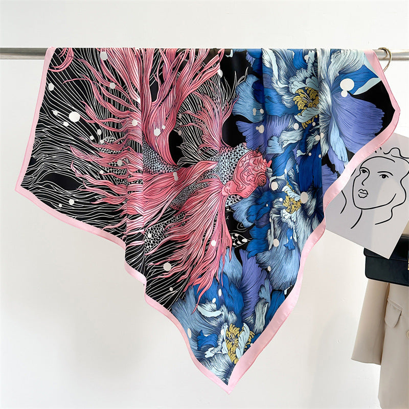 Women's Premium Twill Silk Scarf, Large Printed 90/90cm Striped Square Scarf