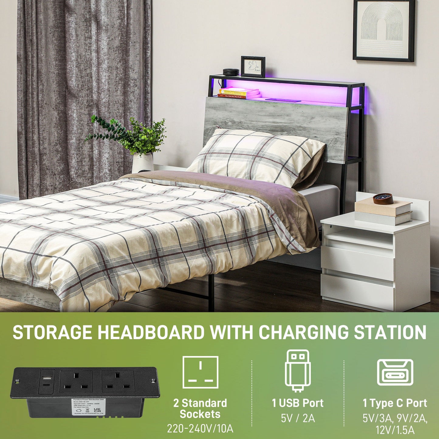 HOMCOM LED Single Bed Frame with Charging Station, 90 x 190cm, Cement Grey